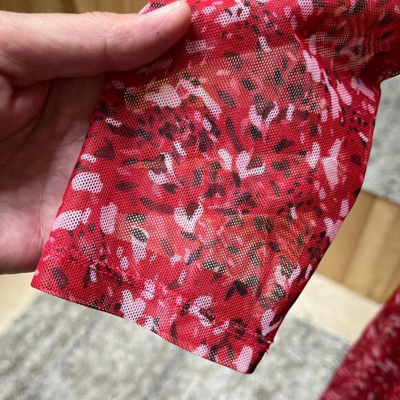 BCBGeneration red print wrap around dress. Shin length. Size 6 sheer sleeves. - Picture 3 of 7